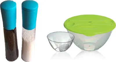 Produktbild von Salatschüssel-Set 5 L mit Pfeffer-/Salzmühle, Salatbesteck und Deckel