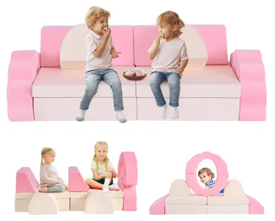 Zdjęcie produktu dla Rozkładana sofa dla dzieci, konstrukcja modułowa, bezpieczne, miękkie materiały, kolor różowy