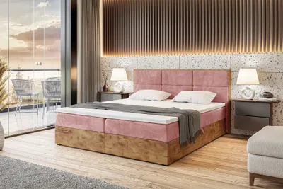 Produktbild von MEBLINI Boxspringbett mit Bettkasten - Gepolstert Doppelbett mit Matratze und Topper - Polsterbett mit Stauraum - Bett mit Kopfteil - Stauraumbett - LOFTY 2 - 200x200 - H4/Rosa Samt