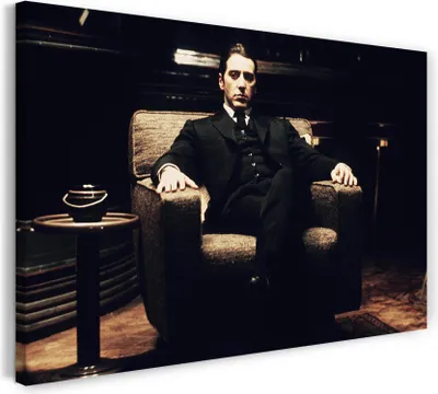 Produktbild von Leinwandbild (120x80cm): Filmplakat Filmmotiv Der Pate Al Pacino Michael Corleone auf Sessel, echter Holz-Keilrahmen inkl. Aufhänger, handgefertigt in Deutschland
