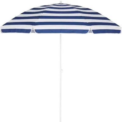 Produktbild von KINGSLEEVE® Sonnenschirm 180cm UV 50+ Tragetasche Erdspieß groß wasserabweisend neigbar höhenverstellbar Balkon Strand Rund Garten Blau Weiß gestreift