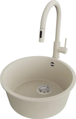Produktbild von PRIMAGRAN Granitspüle Beige 46x46cm, Spülbecken Rund 1 Becken + Küchenarmatur 40x20cm + Ablauf-Set, Küchenspüle ab 50er Unterschrank - Valletta Slim