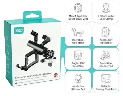 Immagine prodotto di Supporto per telefono da auto, rotazione a 360 gradi, compatibilità universale, colore nero