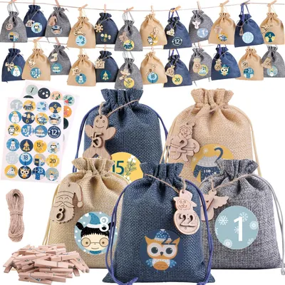 Obrázek produktu pro Adventní kalendář k naplnění, 24 kusů. Vánoční kalendář, 2026, rozměry 12x15 cm. Modré dárkové sáčky
