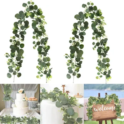 Productafbeelding van 2 stuks eucalyptuskrans, 180 cm, kunstmatig groen met witte bloemen