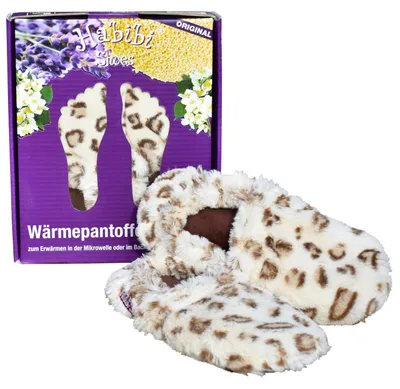 Produktbild von Habibi Wärmeschuhe Slippers Hausschuhe Wärmepantoffeln creme mit braunem Muster Größe M (EU 37-40) für Mikrowelle und Backofen