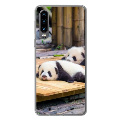 Produktbild von MuchoWow® Handyhülle Schutzhülle Hülle für Huawei P30 Pandas - Boden - Holz Silikon Softcase Handy Hülle - Kartenbesitzer
