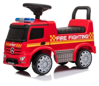 Obrázok produktu pre Detské autíčko Mercedes-Benz Antos hasičské pre deti vo veku 1–3 roky – autíčko na šmýkanie s klaksónom, hasičskými svetlami a úložným priestorom, ochranou proti prevráteniu a 98 % predmontážou – detské hasičské autíčko, červené