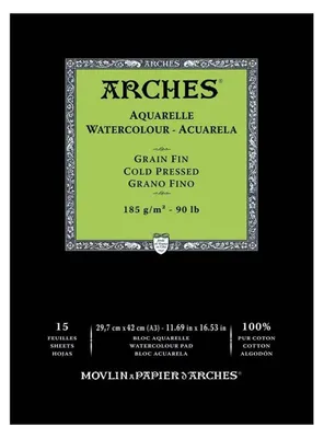 Aquarellblock A3, 15 Blatt, 185 g/m², feinkörnig, naturweiß