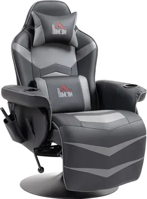 Produktbild von Gamingsessel, Massagefunktion, neigbare Lehne, Fußstütze, bis 120 kg, Stahlrahmen, Kunstleder, Grau