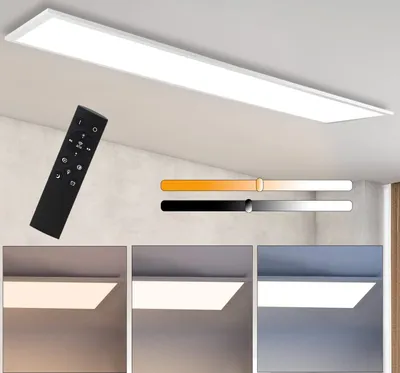 A long, rectangular LED ceiling light is shown mounted on a ceiling, with a remote control in the foreground. Below the main image are three smaller images showing the light in different color temperatures.