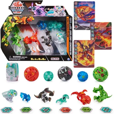 A product shot of a Bakugan Evolutions Battle Strike Pack, featuring multiple Bakugan figures and cards, displayed in its original packaging and also outside of the packaging.