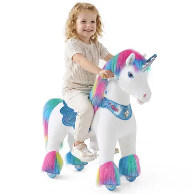 Image de PonyCycle Modèle Y Licorne en peluche à chevaucher pour enfants de 3 à 4 ans, Licorne arc-en-ciel sur roues avec sons et frein – Y354