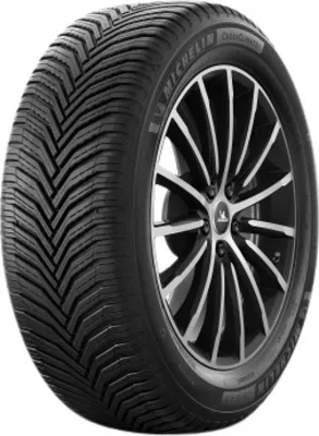 A close-up studio shot of a Michelin Crossclimate 2 tire mounted on a black and silver alloy wheel.