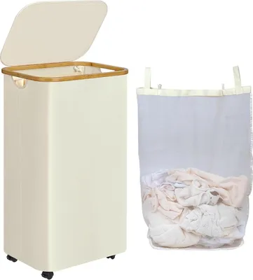 Obrázek produktu pro Koš na prádlo 110L béžový s kolečky, víkem a bambusovými držadly