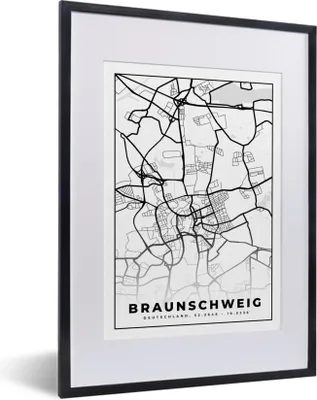 Produktbild von MuchoWow® Gerahmtes Poster Braunschweig - Karte - Stadtplan 30x40 cm - Poster mit Schwarzem Bilderrahmen Wandposter Rahmen Foto Bilder - Wandposter Schlafzimmer