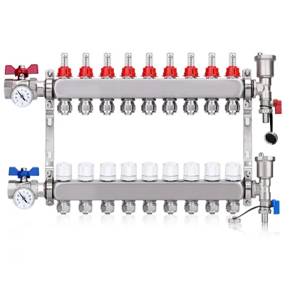 Produktbild von 9 Heizkreise | Heizkreisverteiler mit Eurokonus 3/4 (20 x 2 mm) mit Thermometer, 1" Kugelhähne Manueller Entlüfter Flussmesser Fußbodenheizung HKV