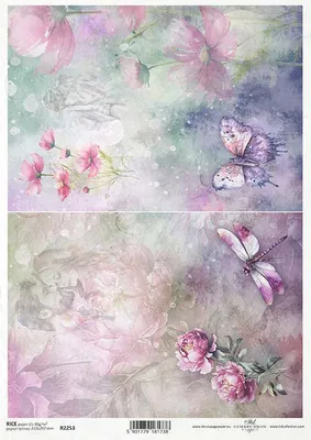 Produktbild von ITD Reispapier Decoupage Bastelpapier Serviettentechnik-R2253 Blumen, Schmetterling, Libelle, Pfingstrosen
