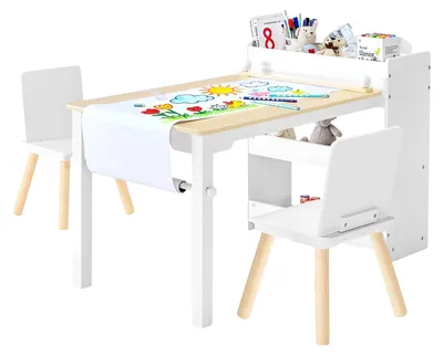 Produktbild von VEVOR Kinder Tisch- und Stuhlset, Holz-Aktivitätstisch mit Stauraum und Boxen, Spieltisch für Kleinkinder zum Malen, Basteln, Lesen, Lernen, 1 Tisch+2 Stühle, Weiß