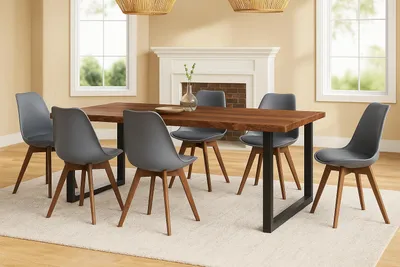 Produktbild von Essgruppe 7tlg. 220 x 100 cm Holz Nussbaum-Optik 6x Schalenstühle Grau U-Gestell Schwarz JOSY