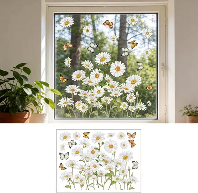 Produktbild von Frühling Gänseblümchen Fenstersticker, Blumen Fensteraufkleber, Wildblumen Bunte Schmetterling Fensterbilder, Anti-Kollision Fensterdeko Aufkleber, für Glas Fenster, Glastüren