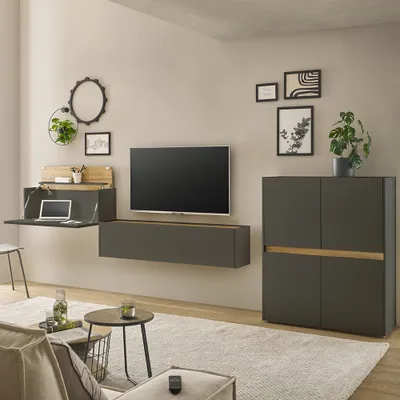 Produktbild von Wohnwand anthrazit mit Eiche CRISP-61 modern 3-teilig mit Homeoffice-Lösung