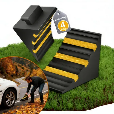Produktbild von UISEBRT Dreieck Unterlegkeile 4er Set, Schwarz & Gelb, Gummi-Radkeile mit Griff und gekrümmter Oberfläche, 25x16x19 cm, rutschfest für PKW, Wohnmobil, Anhänger