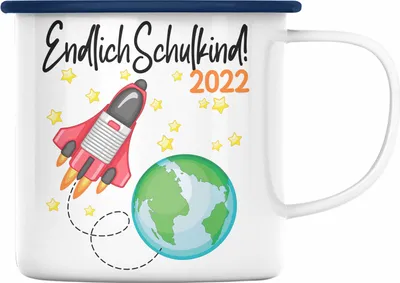 Produktbild von Trendation - Endlich Schulkind 2022 Einschulung Junge Mädchen Geschenk Schultüte Füllung Emaille Tasse Schulstart 1. Schultag Schuleinführung Schulanfang Geschenkidee (Blau)