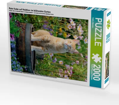 Produktbild von Calvendo Rote Katze auf Holzfass im blühenden Garten 2000 Teile Puzzle hoch 670x900mm, Menden Katho; 7405694