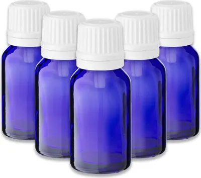 Produktbild von 5x Blaue Glasflasche 15 ml mit weißem Tropfeinsatz Tropfer Tropfen Set