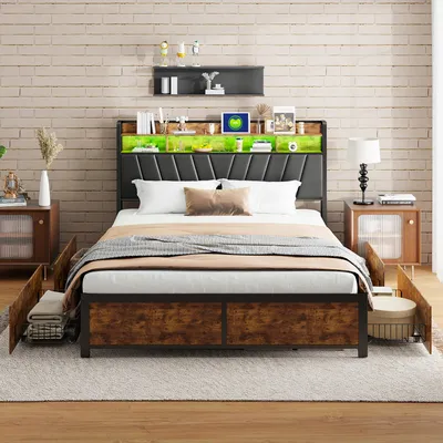 Produktbild von ProximaX Doppelbett Metallbett 140x200 cm mit Lattenrost, Jugendbett mit LED und Regal, Stauraumbett mit 4 Schubladen, PU, Schwarz
