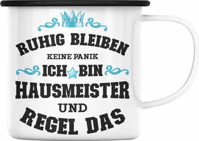 Produktbild von Trendation - Hausmeister Emaille Tasse Lustiges Geschenke Lustig Spruch Haustechniker Geschenkidee Sprüche Keine Panik (Schwarz)