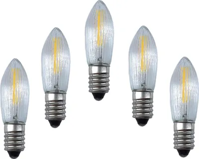 Five LED filament light bulbs with a clear, ribbed casing and silver screw bases are arranged in a row against a white background.