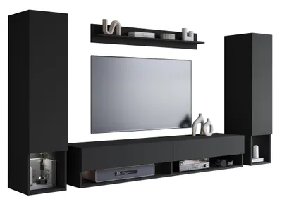 A modern black graphite matte wall unit with a television and shelving.