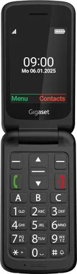 A black Gigaset flip phone is shown from the front.