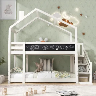 Produktbild von Kinderbett 90 x 200cm Hochbett mit Schornstein/Speicherung/Rausfallschutz/Treppen/Stauraum, Bett für 2 Kinder Lattenrost Weiß,ohne Matratze