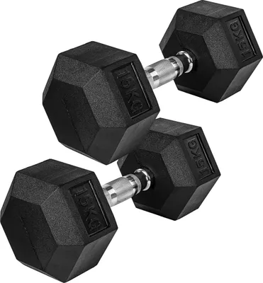 Two black hexagonal dumbbells are shown against a white background.