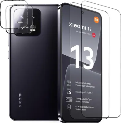 A Xiaomi 13 smartphone with screen protectors shown.