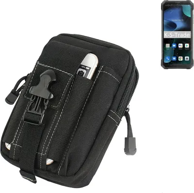 A black belt pouch with a small device in one of its pockets, and a smartphone shown separately to the right.