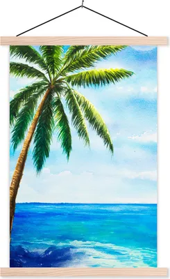 Produktbild von MuchoWow® Textilposter Meer - Palme - Himmel 120x180 cm mit holzfarbenen Rahmen - Textil-Plakat