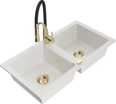 Immagine prodotto di Mexen Mario lavello in granito a 2 vasche con rubinetto da cucina Aster, bianco - 6504-20-73450-57-G