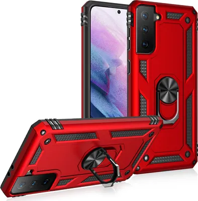 Obrázek produktu pro Pouzdro pro Galaxy S21 5G dvouvrstvé robustní, vojenská ochrana pouzdro s držákem prstenu a stojánkem červené