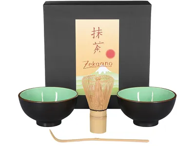 Produktbild von Matcha Set / Matchaset / 2x Matcha Schale 250ml, moosgrün, mit Besen und Löffel in Geschenkbox