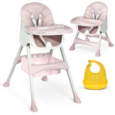 A pink and white baby high chair is shown with a yellow bib.
