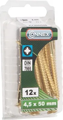 Imagen del producto de Tornillos para madera Connex, 4.5 x 50 mm, cabeza avellanada con ranura para destornillador PZ 2, paquete de 12 unidades.