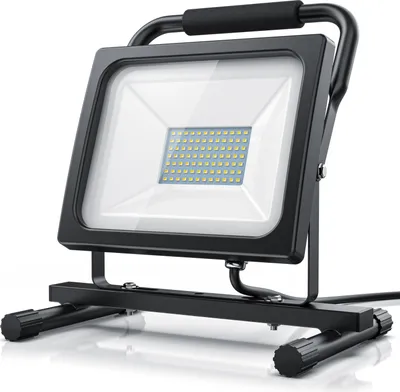 A black LED work light with a metal stand is shown against a white background.