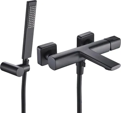 A black wall-mounted bathtub faucet with a handheld showerhead.
