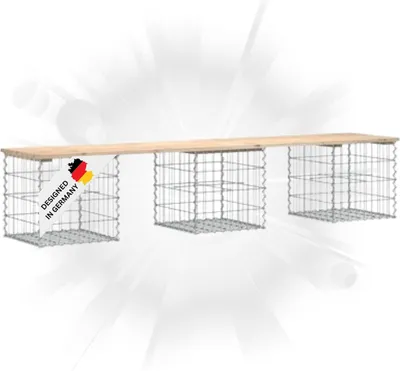 Produktbild von DELUKE® Gartenbank Gabionen BIKS aus Stahl | 203x44x42cm Kiefernholz Natur | Gabionenbank Gartentisch aus Gabionen Steinkorb Gabionengitter Ziergabione Drahtkorb befüllbar