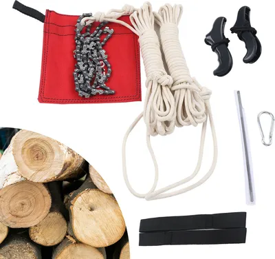 A collection of items for cutting wood, including a chainsaw chain, ropes, handles, a sharpening file, a carabiner, and a pile of cut logs.