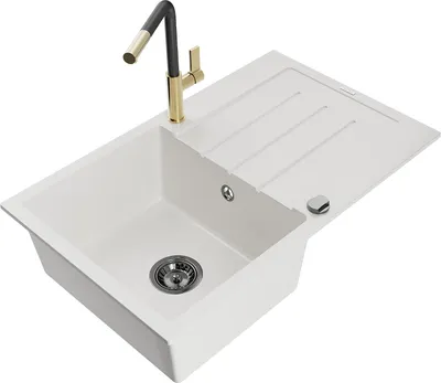Immagine prodotto di Mexen Bruno lavello in granito 1-vasca con scolapiatti e miscelatore cucina Flora, bianco - 6513-20-670401-57-B